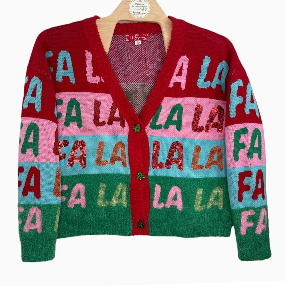 33 Degrees XL Fa La La Christmas Cardigan Sequin Tree Buttons Fuzzy Knit